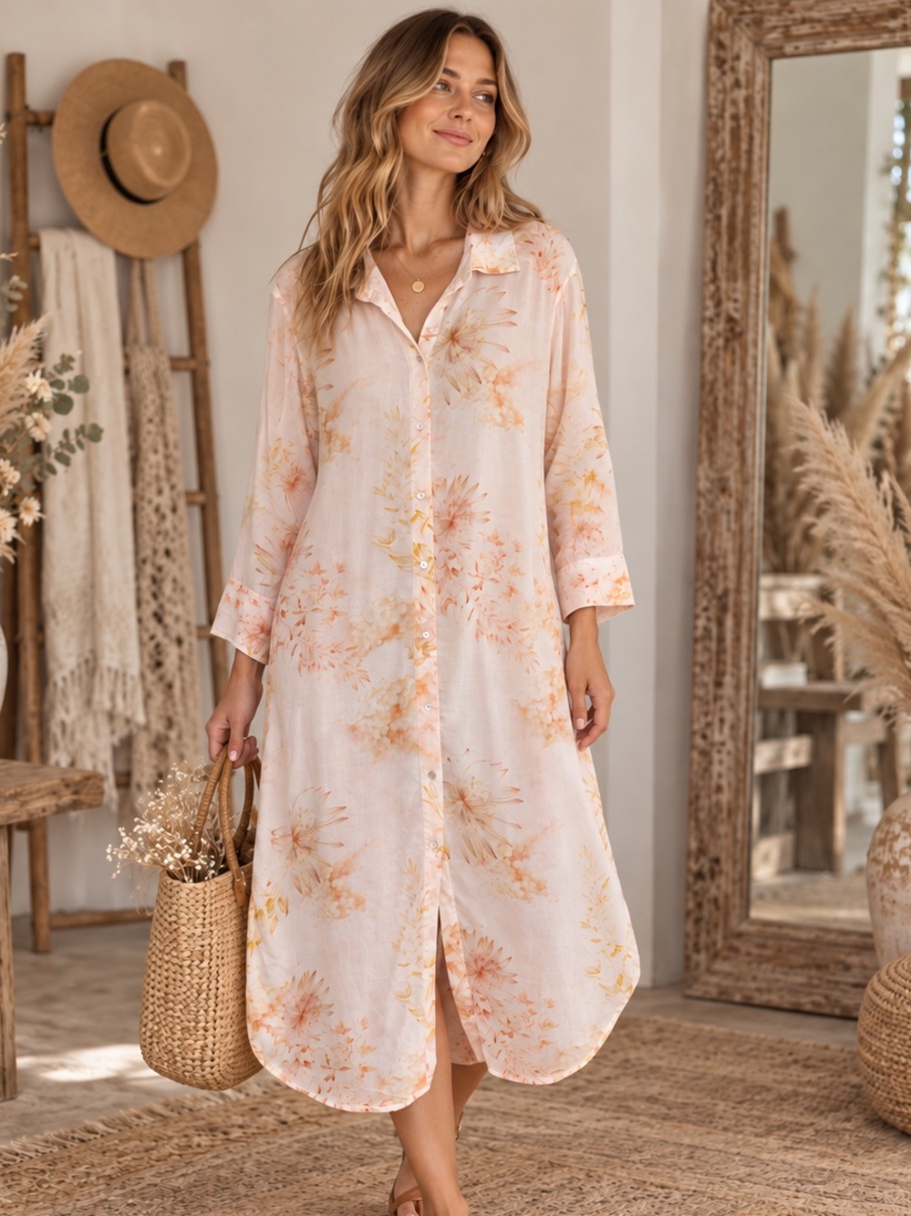 H&M Boho Romantic Button Shirt Midi Dress